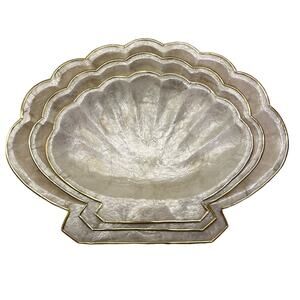 Vintage Set of 3 Capiz Shell Nesting Bowls Trinket Trays Gold Trim Pearlescent